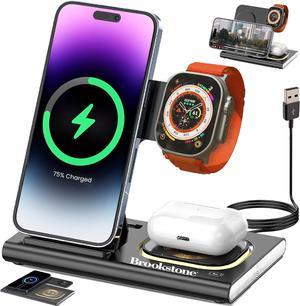 Brookstone 3-in-1 Wireless Charging Station for Apple iPhone, Watch & AirPods iPhone 15 14 13 12 11 Pro Max/Plus/Mini/X/XS/Max/XR/SE, Apple Watch Ultra Series 9 8 7 6 SE 5 4 & Airpods Pro 2 3 Black