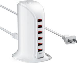 USB Charger 6 Port 50W Multi USB Tower Charging Station for Multiple Devices iPhone 15/14/14 Pro/14 Pro Max/13 Pro/13 Pro Max/Android//Tablet etc(White 50W)