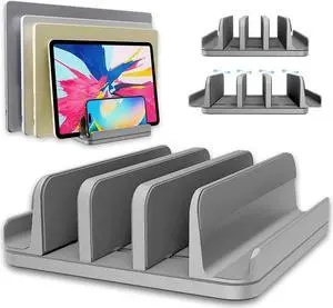 Vertical Laptop Stand Holder 5 Slots Aluminum Space-Saving Laptop Holder Adjustable Size Dock Tabletop Desk Organizer 3 Slot + 2 for Apple MacBook/Surface/PC/Tablet/iPad/iPhone (Space Gray)