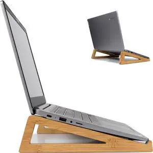 Bamboo Wooden Laptop Stand Portable Desk Laptop Holder for Tablet with Carry Pouch Compact Travel Laptop Stand with Protective Silicone Pads Suitable for Laptops and Tablets