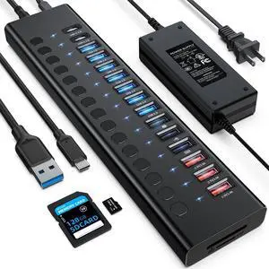 Powered USB Hub, VANGREE 17-Port USB Splitter (7 USB 3.0 Ports+3 2.4A Charging Ports+3 USB 2.0 Ports+2 USB-C 3.0 Ports+SD/TF Card Reader), Individual On/Off Switches, 90W Power Adapter for Laptop, PC
