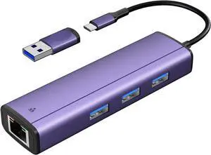 IVSHOWCO 4 in 1 USB and Type C Multi-Port Hub with RJ45 1000 Mbps Interface, 3 USB 3.0 Ports, Compatible with MacBook Air/Pro, iMac, iPad Pro, for iPhone 15 USB C 3.0 to Ethernet Adapter, Purple