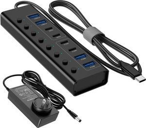 Powered USB Hub 3.0/3.1 USB C Hub- Aluminum USB Port Hub Expender- USB C Hub Splitter with Individual On/Off Switches for Laptop/PC
