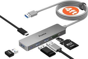 Aceele 5Gbps USB 3.0 Hub, 6 in 1 Ultra Slim Data USB Hub with 4ft Extended Long Cable, USB Multiport Hub with Micro USB Powered Port, SD/TF Card Slot Port, Compatible for PC, Laptop, MacBook