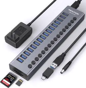 Powered USB Hub - WENTER 16 Ports USB 3.0 Hub, 5 Gbps Data Port, Aluminum Housing, Individual On/Off Switches, 12V/3A Power Adapter, Multiport Powered USB 3.0 Hub for PC, Laptop, Computer, Mobile HDD