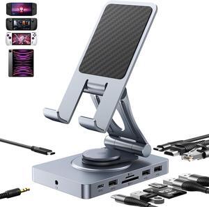 USB C Docking Station for iPad, 11-in-1 with SD TF 4.0 Reader, 4K@60Hz HDMI, RJ45, Audio, USB A, USB C, Rotatable Dock for Tablet, iPad/Pro, Steam Deck, ROG Ally, Legion Go, , etc
