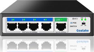 Poe Switch , 5 Port (4 Port Poe Switch + 1 Uplink Port), Ethernet Unmanaged Switch 802.3af/at PoE 100Mbps, 52W for All PoE Ports, AI Extended to 250m, Ideal for IP Camera and Access Point