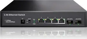 6-Port 2.5G Ethernet Switch Unmanaged | 4x2.5G RJ45 + 2x10G SFP | 60G Bandwidth | Plug & Play for NAS, Gaming PC, 4K Video, WiFi 6/7 Routers/ 2.5G Server | Multi-Gigabit Metal Desktop Hub