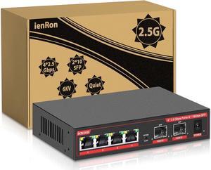 6 Port 2.5G Unmanaged Ethernet Switch, 4x2.5G Base-T Ports, 2x10G SFP+ Switch, 60Gbps Bandwidth, One Key VLAN| Plug & Play |Fanless Metal Design, Compatible with 100/1000/2500Mbps