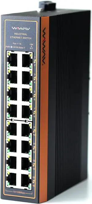 WIWAV W1016-16FE-I 10/100Mbps Unmanaged 16-Port Industrial Ethernet Switches with DIN Rail/Wall-Mount (UL Listed, IP40, -40 to 85°C)