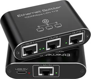 Ethernet Splitter 1 to 3 1000Mbps High Speed Internet Splitter LAN Splitter Ethernet Switch Either Network Splitter Supports Simultaneous Networking of 3 Devices Works with Cat6/7/8 Cables