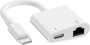 USB C to Ethernet Adapter, 2 in 1 RJ45 Ethernet LAN Network Adapter with USB Type C Charge Port, Compatible with iPhone 15/Tablet/Laptop and USB C Devices, Plug and Play