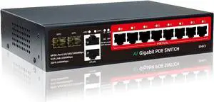 STEAMEMO 8 Port Gigabit PoE Switch with 2 Gigabit Uplink, 2*1.25G SFP Ports, AI VLAN Mode, 802.3af/at Compliant,120W Built-in Power,Unmanaged Metal Plug and Play