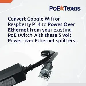 PoE Texas PoE Power for USB-C Devices, Including Google WiFi & Raspberry Pi  for POS Systems, Digital Signage & More, 802.3af POE to 5 Volt Splitter, Extend Power Delivery Up to 328 Feet