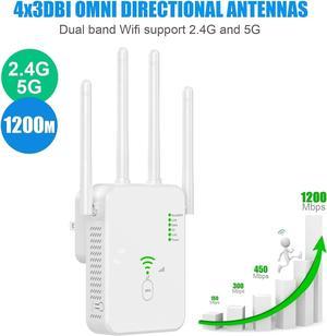 WiFi Extender, 1200Mbps Wi-Fi Signal Booster Amplifier for Home Cover Up to 9800sq.ft WiFi 2.4&5GHz Dual Band Wireless Repeater, 4 Antennas 360° WiFi Amplifier, WiFi Range Extender with Ethernet white