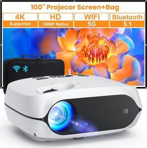Projector, 5G WiFi Bluetooth Projector, Native 1080P Portable Projector with Screen and Bag, 12000L 4K Support 300" Outdoor Movie Projector Compatible with Smartphone/HDMI/USB/Av/TV Stick/PS5