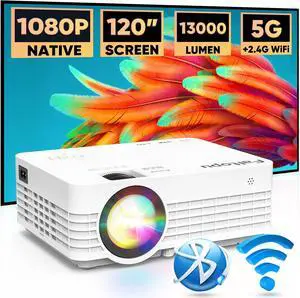 Faltopu Native 1080P Projector, Mini PortableProjector with 120'' ScreenMovie Projector with 5G WiFi and Bluetooth, 13000L Full HD Outdoor Projector Compatible with iOS/Android,TV Stick,HDMI,USB