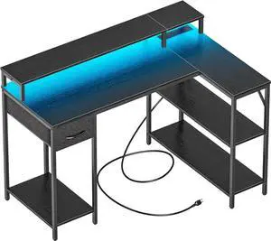 L Shaped Gaming Desk with LED Lights & Power Outlets, Reversible Computer Desk with Shelves & Drawer, Corner Desk Home Office Desk, Black