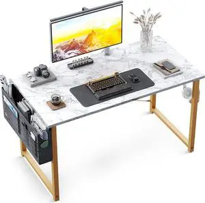 Study Computer Desk 40 inch Home Office Writing Small Desk, Modern Simple Style PC Table with Storage Bag and Headphone Hook, White Marble + Gold Leg
