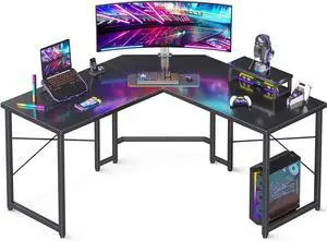 A 51 Inch L Shaped Gaming Desk with Monitor Stand, Computer Desk for Home Office, PC Corner Desk Table Sturdy Writing Workstation, Carbon Fiber Surface, Black