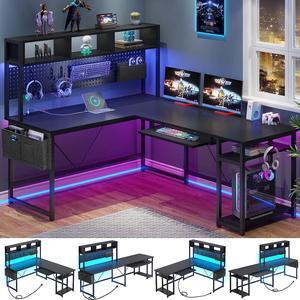 SEDETA L Shaped Gaming Desk, Reversible Computer Desk with Power Outlet and Pegboard, Gaming Desk with Led Lights, Keyboard Tray and Storage Bag for Home Office, Black