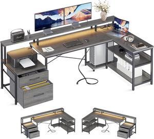 L Shaped Desk with File Drawer, 75" Reversible L Shaped Computer Desk with Power Outlet & LED Strip, Office Desk with Storage Shelves, Gaming Desk with Monitor Shelf, Corner Desk, Grey Oak