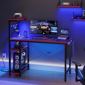 Gaming Desk with Power Outlets, 44 Inch Led Gamer Desk with 4 Tiers Reversible Shelves, PC Gaming Table with Headset Hook & Side Storage Bag for Bedroom (Black 3D Carbon Fiber)