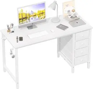 White Computer Desk with Drawers - 47 Inch Study Work Writing Desk for Home Office Bedroom, Simple Modern Cute PC Desks with Fabric Drawer, White