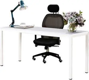 63 Inch Large Computer Desk - Modern Simple Style Home Office Gaming Desk, Basic Writing Table for Study Student, White Metal Frame, White