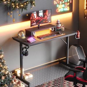 Small Gaming Desk with Monitor Stand, 42 inch LED Computer Desk, Gamer Workstation with Cup Holder & Headset Hooks, Modern Simple Style Desk for Home Office, Carbon Fiber Black
