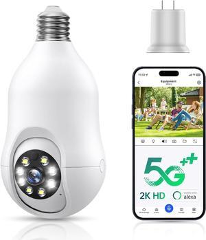 Light Bulb Security Camera, 5G/2.4GHz WiFi 2K Light Bulb Cameras Outdoor Indoor with E27 Socket, Motion Detection and Siren Alarm,Two-Way Talk,Color Night Vision,Compatible with Alexa