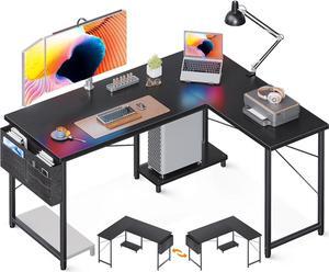 A L Shaped Desk, 50 Inch Computer Desk with Storage Bag, Reversible Home Office Desk with Host Stand, Black Corner Table for Bedroom Studio, Modern Wood PC Desk for Study Work