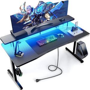 55 Inch Gaming Desk with LED Lights, Computer Gamer Desk with Monitor Stand, Ergonomic Carbon Fiber Surface Gaming Table with Power Outlet and Mouse Pad for Home Office, RGB