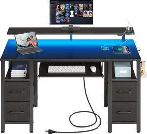 Seventable Computer Desk 47.2" with LED Lights & Power Outlets, Home Office Desk with 4 Drawers, Writing Desk with Keyboard Tray, Study Desk with Monitor Stand, Work Desk for Home Office, Black