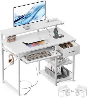 A Small Computer Desk, 40 Inch Office Desk with Power Outlets, Study Table with Drawer and Keyboard Tray, Reversible Desk with Adjustable Monitor Shelf and Storage Shelf for Home, White