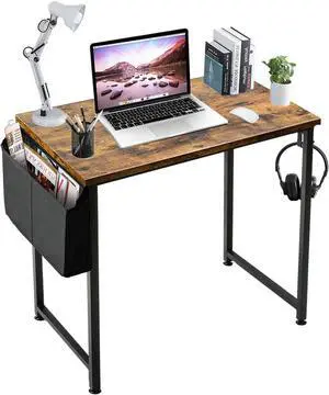 Small Computer Desk Study Table for Small Spaces Home Office 31 Inch Rustic Student Laptop PC Writing Desks with Storage Bag Headphone Hook,Brown