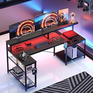 Gaming Desk with Power Outlets, 71.5 LED Computer Desk with Long Monitor Stand, Large L Shaped Corner Desk with Storage Shelf, Cup Holder Headset Hooks, Cool Desk for Gaming Room, Black