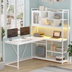 L Shape Computer Desk, 58'' Office Desk with LED Light and Bookshelf, L Shaped Corner Desk with Storage Shelves for Home Office, Gaming Desk, L Desk, White