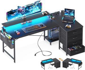 63" L Shaped Computer Desk with 4-Tier Fabric Drawers, Gaming Desk with USB Power Outlets & Charging Port & CPU Stand & Monitor Stand for Home Office Workstation, Corner Desk, Black