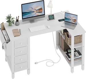 White L Shaped Computer Desk with Drawers & Storage Shelves, 47 Inch Corner Desk with Power Outlet for Home Office Bedroom, L-Shaped Teen PC Desks with Fabric Drawer, White