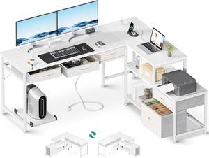 A L Shaped Computer Desk with Fabric Drawers and File Cabinet, 53" Reversible Home Office Workstation Desk with Power Outlets & Host Stand, Corner Gaming Table with Storage Shelves, White