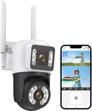 5MP Outdoor Security Camera Dual Lens, 2.4G/5Ghz WIFI Camera for Home Security, 360°PTZ Surveillance Camera with Motion Detection Tracking/Siren/2-Way Audio/Color Night Vision/Spotlight/Waterproof