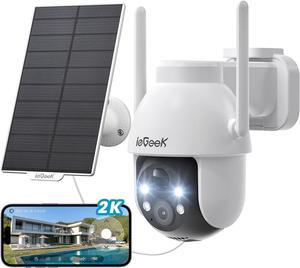 Security Cameras Wireless Outdoor, 2K Solar WiFi Camera for Home Security System, Battery Powered Surveillance Cam with Solar Panel, 360° PTZ Color Night Vision, Motion Sensor, Works with Alexa