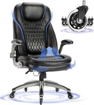 Office Chair-Ergonomic Computer Desk Chair with Thick Seat for Comfort, High Back Executive Chair with Padded Flip-up Arms, Stylish Leather Chair with Upgraded Caster for Swivel (Black, 300lbs)