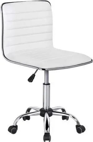 Yaheetech Adjustable Task Chair PU Leather Low Back Ribbed Armless Swivel White Desk Chair Office Chair Wheels