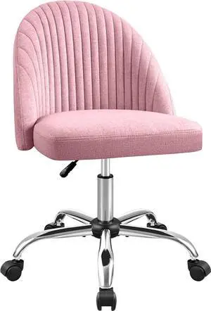 Office Chair Armless Cute Desk Chair Modern Adjustable Swivel Padded Fabric Vanity Task Computer Chair Home Office Desk Chairs with Wheels (Pink)