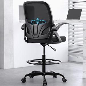 Drafting Chair Tall Office Chair for Standing Desk Adjustable Tall Desk Chair with Footrest Ring and Lumbar Support Ergonomic Computer Chair with Flip-up Armrests (Black)