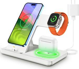 3 in 1 Charging Station for Multiple Devices,Fast Charger Stand for iWatch & AirpodsFoldable Charging Stand Dock for iPhone 14/13/12/11/10/ Pro/X/Max/XS/XR/8/7/Plus/6s/6 with Adapter(White)