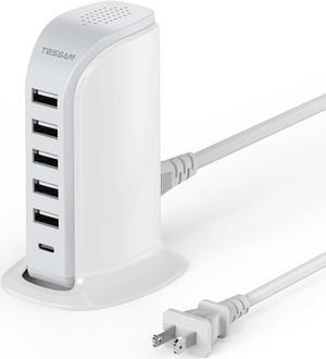 USB Charging Station for Multiple Devices 40W, TESSAN Desk Charger Tower with 6 USB Ports, Type C Fast Charger Hub, Charger Block for Phone Tablet Earphone, Desktop Home Office Travel Accessories