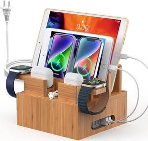Bamboo Charging Station Organizer for Multiple Devices (Included 5 Port USB Charger, 6 Pack Charge & Sync Cable, with Earbuds & Watch Stand), Electronic Device Desktop Stations for Cell Phone, Tablet